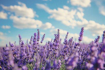 Obraz premium Lavender field with summer blue sky close up France retro toned web bwnner format Lavender