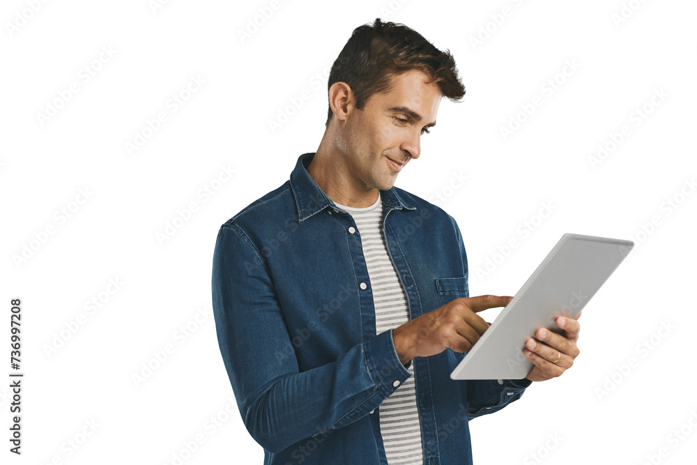 Poster search, tablet and man on internet, typing and social media isolated on a transparent png background