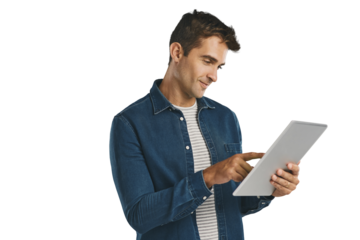 Search, tablet and man on internet, typing and social media isolated on a transparent png background. Technology, scroll and person on app, network and reading email notification online on website