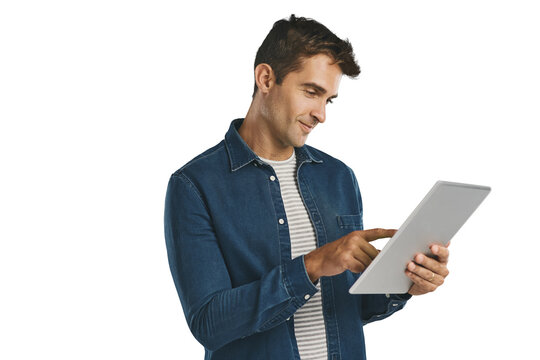 Search, tablet and man on internet, typing and social media isolated on a transparent png background. Technology, scroll and person on app, network and reading email notification online on website