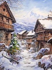 Snow-Covered Village Trails: Alpine Pathway Painting in Winter