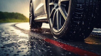 Car tire on a wet road in rainy day, close up view with copy space	 - obrazy, fototapety, plakaty