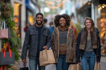 A group of individuals walks down a city street, each carrying shopping bags from various retailers in the United States, taking advantage of discounts on Labor Day. - obrazy, fototapety, plakaty