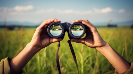 Curios man looking through the binoculars among green field