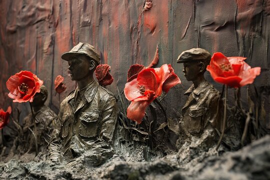 A powerful photo capturing a group of statues of soldiers honoring fallen comrades by holding red flowers.