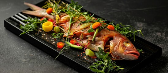 Freshly prepared Seer Fish and King Fish, adorned with herbs and vegetables, displayed on a sleek black wooden platter with a focused aesthetic.