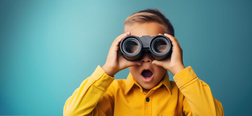 Curios surprised boy looking through the binoculars on isolated background with space for copy