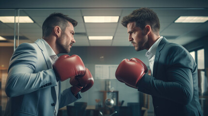 Two young businessman fighting with boxing gloves in the modern office
