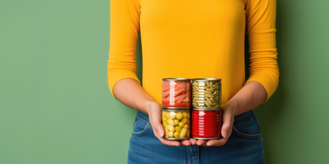 Closeup woman hands holding red metallic package of a canned food on isolated green background with space for copy - obrazy, fototapety, plakaty