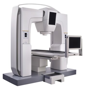 A white machine with a monitor on top, used for orthopantomography, captured in a raw style with a stylized effect.