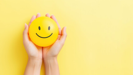 Woman hands holding happy smiling face emoji on isolated yellow background with space for copy
