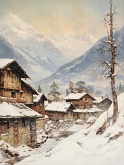 Vintage Snowy Scenes: Captivating Alpine Villages in Winter
