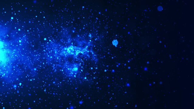 Colorful animation of bright particles flying horizontally. Dynamic particles randomly float in slow motion in space. Shimmering sparkling particles. Real colored particles in the air. 3d. 4k animatio