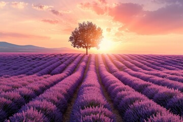 sun setting or rising over a lavendar field with a single tree - Powered by Adobe