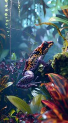 Mystical Rainforest with Life and Vibrant Colors where Exotic Frog with Bright Patterned Skin Leap from Leaf amidst Backdrop of Lush Verdant Foliage and Misty Air created with Generative AI Technology