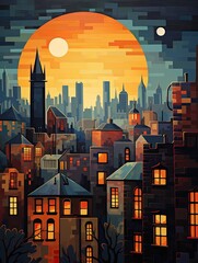 Obraz premium Moonlit Urban Art Deco City Buildings Print: Captivating Nighttime Cityscape with Spectacular Moon Illumination