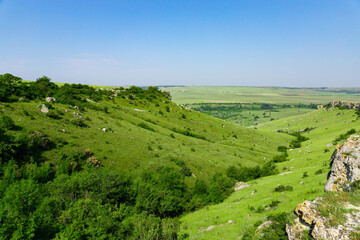 Fototapeta na wymiar A picturesque view of the green steppe hills, pastures stretching into the distance.