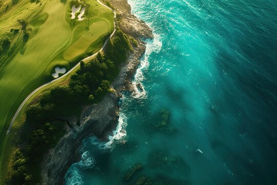A resort golf course by the ocean, on a beautiful sunny day. A long hole par 5 hole by the sea shore. aerial shot