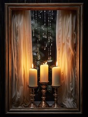 Candles in Rainy Windows Framed Print: Droplets and Flame in Harmony