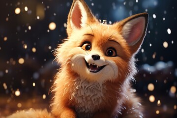 Obraz premium cute cartoon little fluffy happy fox on a blurred background with snowfall