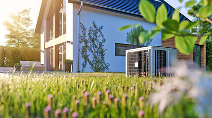 modern house building with heat pump, concept of Sustainable Energy Efficient Home - 737000260