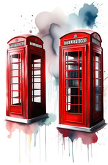 Obraz premium Beautiful watercolor illustration of red London telephone boxes in London, UK.