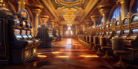 Casino interior hall with slots machines. Generative AI