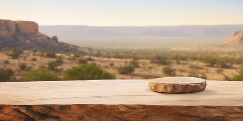 Empty stone table with mexican desert landscape. Product placement. Generative AI	