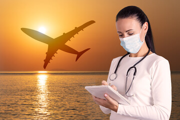 Medical tourism business, health insurance. Doctor in a medical mask against the backdrop of a...