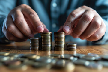 Close-up of hands stacking coins and counting on the table. concept of saving money, economy,