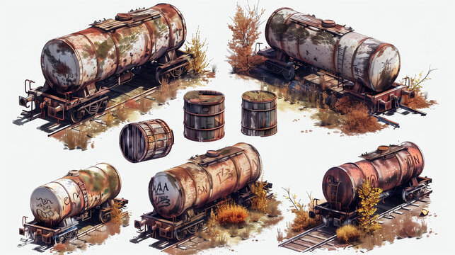 Depiction of Rusting Tankers and Barrels on Abandoned Railroad Tracks with Overgrowth