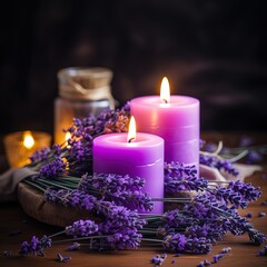 Obraz na płótnie Canvas closeup of burning purple candles and dry lavender