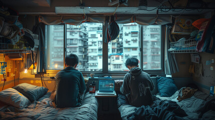 Fototapeta na wymiar Two friends relaxing in a cozy urban room with a cityscape view