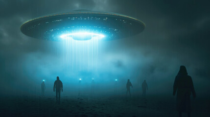 people, human form, looks at a large flying saucer with rays, observes a mysterious supernatural object in the sky
