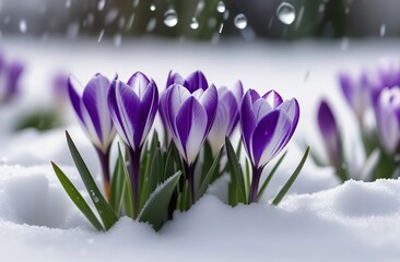 purple and white crocuses break through the snow close up. raindrops. snowdrops. first spring flowers