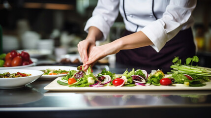 chef preparing food in a professional kitchen, close-up hands putting fresh vegetables on a dish