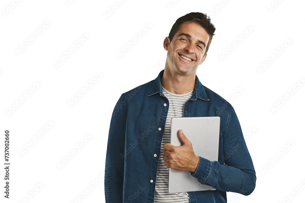 Poster creative, man and happy portrait with tablet for social media in transparent, isolated or png backgr