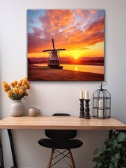 Dutch Windmills at Sunset Canvas Print: Golden Hour Windmill Landscape