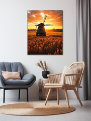 Dutch Windmills at Sunset - Golden Hour Canvas Print: Capturing the Enchanting Beauty of Windmills