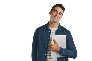 Creative, man and happy portrait with tablet for social media in transparent, isolated or png...