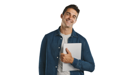 Creative, man and happy portrait with tablet for social media in transparent, isolated or png background. Internet, schedule and person with ebook, article or communication on tech for networking