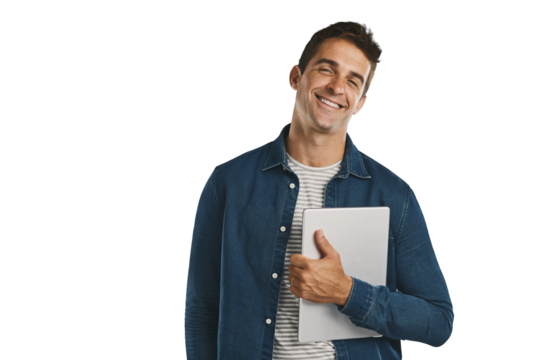 Creative, man and happy portrait with tablet for social media in transparent, isolated or png background. Internet, schedule and person with ebook, article or communication on tech for networking