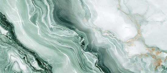 A detailed closeup image showcasing the intricate patterns of a green and white marble texture, resembling the fluid and dynamic movement of water, waves, and fluvial landforms