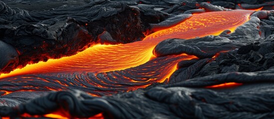 A mesmerizing closeup of molten lava flowing from a volcano, resembling an electric blue painting in the natural landscape