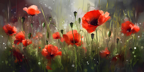 Red poppy flowers closeup on the summer meadow, watercolor painting. - obrazy, fototapety, plakaty