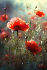 Red poppy flowers on the summer meadow, watercolor painting.