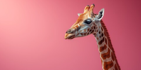 Wild, cute giraffe with long neck and spotted coat looking on camera,isolated on pink background