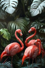 Fototapeta premium Group of beautiful pink flamingos walking in the water at green tropic background.