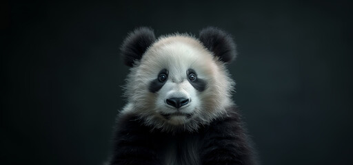 Close up portrait of a cute little panda isolated on black background