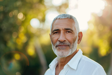 Headshot of senior Middle Eastern man with blurred nature background in morning sunlight. Elderly health and welfare services concept